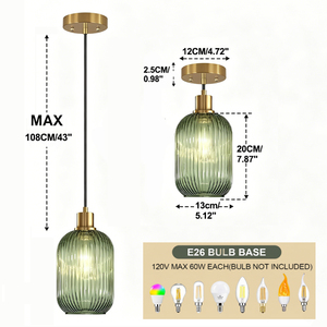 Luminaire suspendu moderne en verre côtelé vert, finition laiton, petit lustre LED pour table à manger, <span class=keywords><strong>salon</strong></span>, chambre, maison - Product Image 2