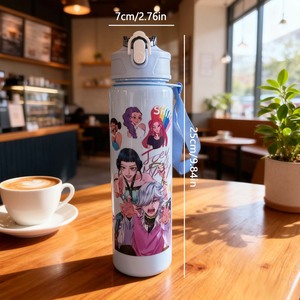 Bouteille d'Eau en Plastique K-Pop de 700 ml pour Enfants, avec Paille et Lanière, Accessoire de Rentrée Scolaire, Motif Dessin Animé - Product Image 5