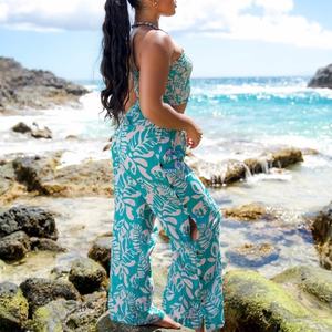 Ensemble deux pièces de haute qualité, style bohème, imprimé, haut tube à boutons latéraux, pantalon, ensemble personnalisé en rayonne plissé, haut court et pantalon - Product Image 2