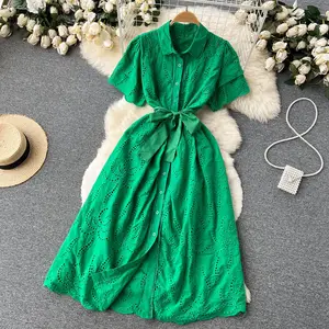 LY6172 New 2022 Korean Chic Short Sleeve Candy Color Short Sleeve Embroidery hing Hollow Out Shirt Women Elegant Dresses Clot