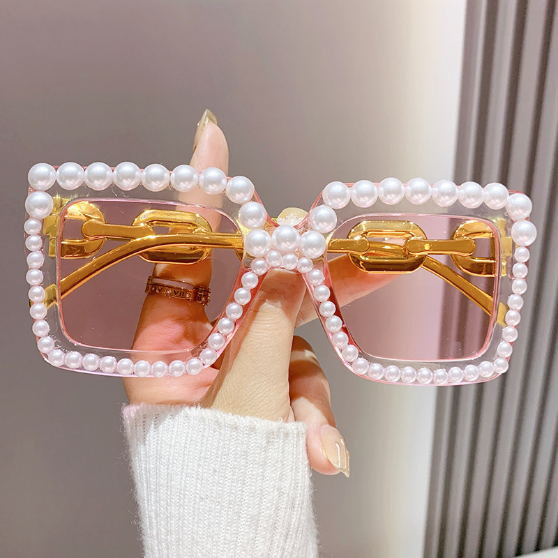 Luxury Rhinestone Pearl Square Sunglasses Women Pink Lens display picture 1