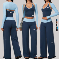 Nouvel Arrivage 2026 Ensemble de Yoga 3 Pièces pour Femme, Col en V Halter, Blocs de Couleurs, Taille Haute, Effet Ventre Plat, Manches Longues, Tenue de Sport et d'Entraînement