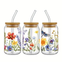 Wildflower UV DTF Floral Crystal Transfert Autocollants pour 16Oz Libbey Verres Tasses Aquarelle Botanique 3D DIY Décor