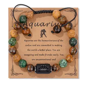 Fashion Natural African turquoise and Tiger Eyes Stone Splice Zodiac Pendants Braided Bracelet For Men Women Gifts ZU059