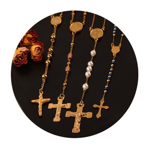 Collar de cadena con cuentas retro, chapado en oro, de acero inoxidable, con colgante ovalado de la Virgen María y cruz, tipo rosario, para mujeres y hombres - Product Image 1