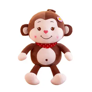 Produsen langsung boneka hewan kartun lucu monyet coklat mainan lembut mewah dengan syal merah