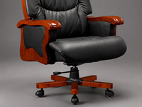 Chaise de bureau de direction noire rembourrée avec accoudoirs en bois massif et base roulante à cinq branches en bois