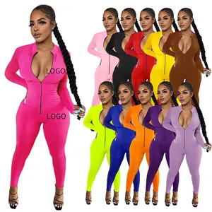 2021 Sport Gym Skinny Kleurrijke Een Stuk Bodycon Fitness Jumpsuit Lange Mouwen Sexy Bodysuits