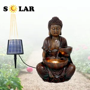 Outdoor water feature resin decorative Buddha hold with lotus garden solar fountain
