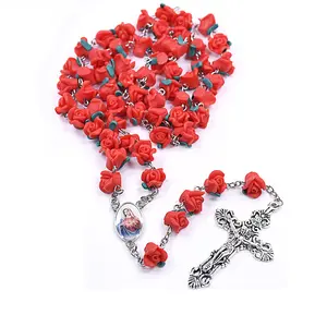 手工制作的聚合物粘土念珠玫瑰花项链念珠交叉十字架天主教宗教首饰