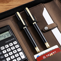 Porte-documents en cuir avec fentes pour cartes et poches zippées, organiseur de documents A4 avec calculatrice intégrée et bloc-notes