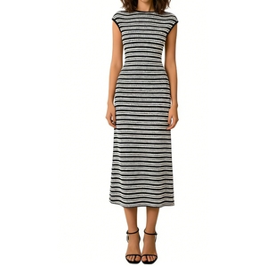 Women's <b>Cap</b> Sleeve Striped Knit Midi Dress Bodycon Textured Dress With Retro Geometric Pattern Dresses Fashion - Product Image 4