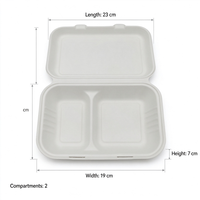 Boîte à lunch biodégradable en bagasse, conteneur à clapet à 2 compartiments avec couvercle, emballage alimentaire jetable pour restaurant à emporter