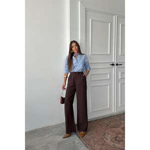 กางเกงขายาวหนังสีน้ำตาลลำลองสำหรับผู้หญิง ไซส์ XL ทรงขาบาน เอวยางยืดระบายอากาศ ตกแต่งลายทางสี - Product Image 5