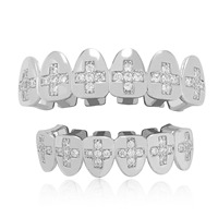 Bijoux Décoratifs d'Halloween en Laiton Plaqué Métal Argenté Doré avec Strass Bling Six Pièces Croix Hip Hop Dents Grillz