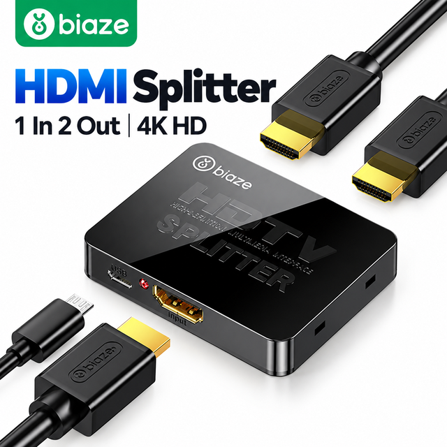 Biaze HDMI Splitter 1 in 2 Out 4K 1x2 HDMI Splitter Adapter for Dual Monitor TV Projector PC Game Console