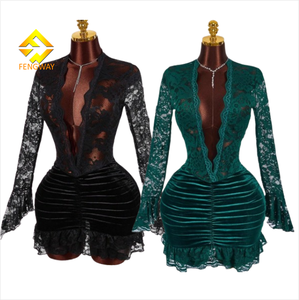 Đầm nữ xuân 2026 mới về - Kiểu dáng thanh lịch, gợi cảm, cổ V, ren, chân váy nhung, <span class=keywords><strong>mini</strong></span> - Product Image 1