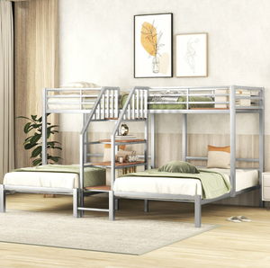 Cama Triple Metálica Moderna y Ajustable con Estantes de Almacenamiento y Escalera, Estructura de Cama Resistente para Niños/Adolescentes/Adultos, Plateada - Product Image 1
