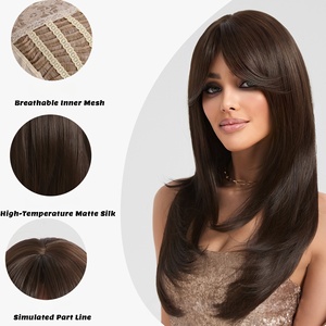 Perruque complète en fibre mate haute température, longue, lisse, marron foncé, <span class=keywords><strong>avec</strong></span> <span class=keywords><strong>frange</strong></span> à raie centrale, stylisable - Product Image 5