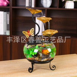 Ornement aquatique de bureau, aquarium rond en verre avec lotus doré et papillon, décoration Feng Shui pour salon et bureau - Product Image 2