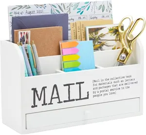 Portapenne in legno bianco per Organizer per posta per Desktop Home Office portapenne bianco a 3 livelli con cassetto per banconote