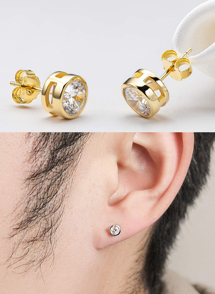 fashion earrings stud bezel setting custom 925 sterling silver round cubic zirconia stud earring
