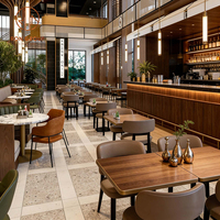 Ensemble de mobilier de restaurant commercial Ron Group : table carrée en bois et marbre, chaise en cuir, banquette