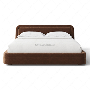 FERLY Modern Low Profile Upholstered <strong>Bed</strong> Frame King Size Brown Velvet <strong>Double</strong> <strong>Bed</strong> with Rounded Corners Padded <strong>Platform</strong> BedBedroom - Product Image 5