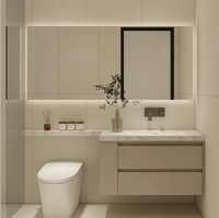 Meuble de salle de bain moderne avec double vasque, miroir pleine longueur avec bordure dorée et éclairage LED intégré