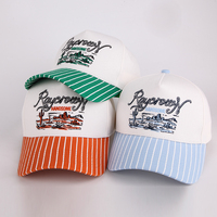 Topi Olahraga Kanvas Katun 5 Panel Kustom OEM ODM Berkualitas Tinggi dengan Visor Bergaris, Topi Baseball Retro Berpinggiran Garis-garis untuk Pria Wanita