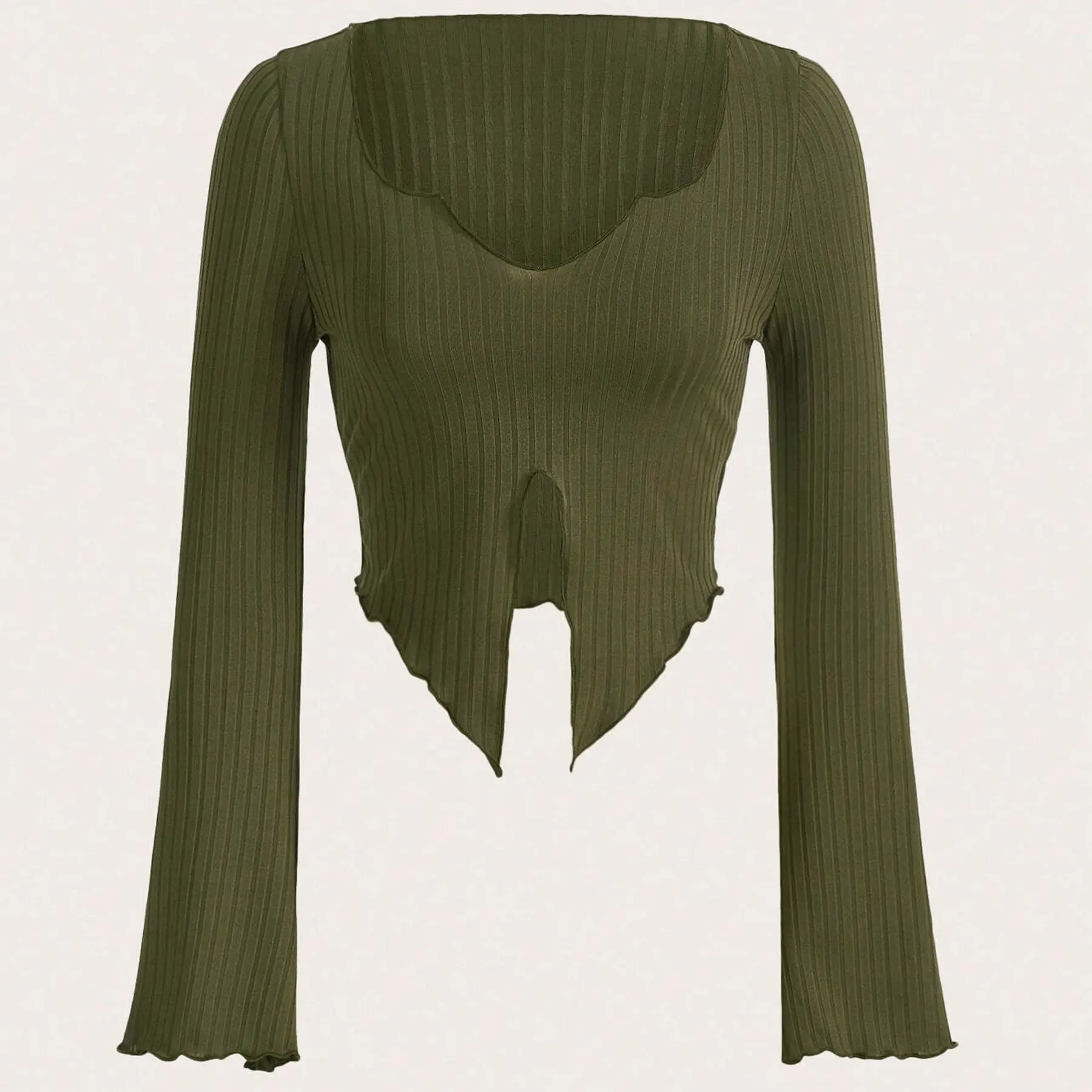 Wholesale popular autumn winter army green sexy slim fit v neck long ruffle trim flare sleeve blouse tops for women