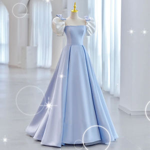 Blue Ball Gown Square Neck Satin Prom Dress Sky Blue Adult Size X072 Contrast Color Elegant Evening Wear - Product Image 2
