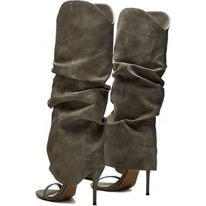 Summer Open Toe Knee High Boots Women's Pleated Upper Sandals Shoes High Heels Single Band V-shaped Cut Long <b>Booties</b> - Product Image 3