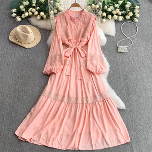 Vestido de noche de línea A de <span class=keywords><strong>moda</strong></span> coreana Vintage para <span class=keywords><strong>mujer</strong></span> Sexy dulce comestible árbol <span class=keywords><strong>hongo</strong></span> encaje botón manga larga drapeado sólido playa - Product Image 1