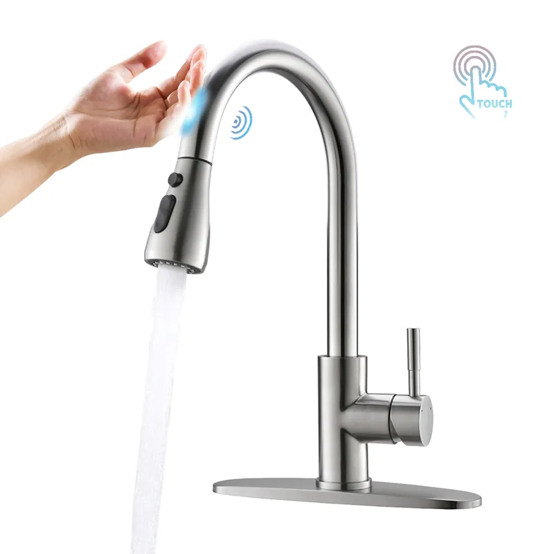DQOK 360 Degree Rotatable Chrome Touch Sensor Kitchen Sink Faucet Smart Kitchen Faucet Pull Out With Pull Down Sprayer