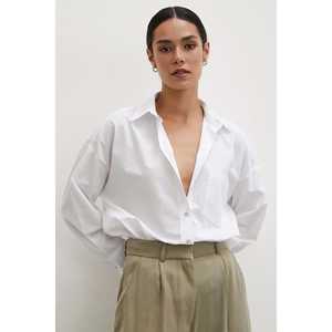 เสื้อเชิ้ตป๊อปลินสีขาวทรงโอเวอร์ไซส์สำหรับผู้หญิง สไตล์มินิมอล ติดกระดุม ดีไซน์กระเป๋าเดียว ใส่ได้ทุกวัน - Product Image 2