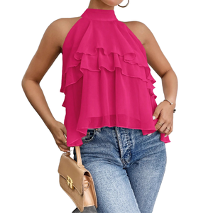 Hot Sale High Quality European American Fashion Solid Color Halter Ruffle Edge Short Woven Casual Womens Tank <b>Top</b> - Product Image 1