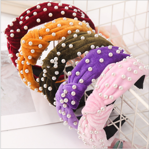 Wholesale Korea Fashion Womens Hair Accessories Head Band Custom Women Fabric Tie Knot Pearl <strong>Plastic</strong> <strong>Headband</strong> for Girls - Product Image 2