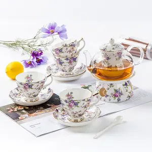 Bán buôn sang trọng vẻ đẹp ly với Glass Tea Pot xương Trung Quốc Vàng Gốm ly cà phê với hộp quà Tặng biểu tượng tùy chỉnh