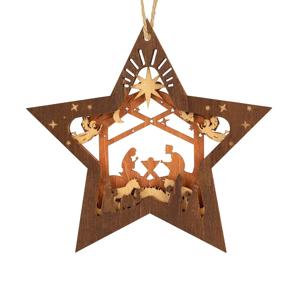 Christmas Wooden Hanging Ornament Star Shaped Nativity Scene Keepsake ,Religious Gift for Family Friends and Christian