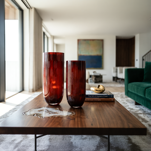 Jarrón de Vidrio Cilíndrico Alto de Lujo para Bodas, Color Rojo Borgoña Intenso con Textura de Hojas, Centro de Mesa Moderno para Decoración Romántica de Hoteles - Product Image 6