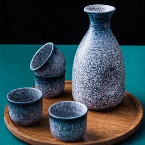 Japanese Style Sake Set, 1 Sake Bottle & 4 Sake Cups, Hand spray painting Ceramic Sake Set- Microwave and Dishwasher Safe/