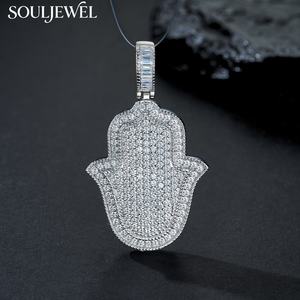 Pendentif Main de Fatma en Moissanite VVS1, Collier en Argent Sterling S925 entièrement serti de pierres, certifié GRA, passe le test du diamant, style Hip Hop pour Hommes - Product Image 3