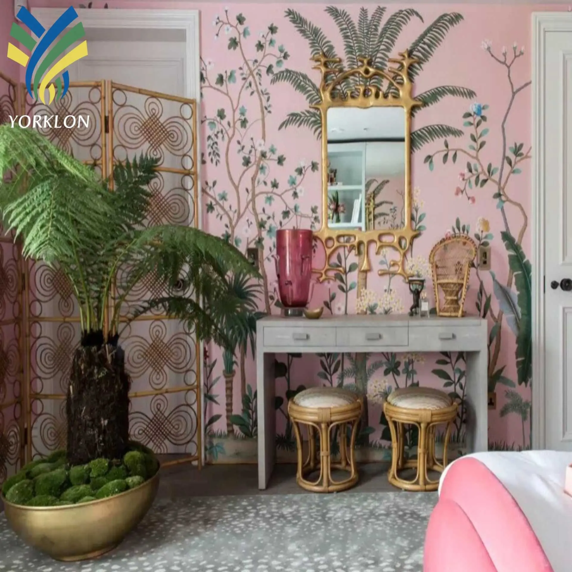 Custom 3D Reliëf Waterdichte Roze Tropische Slaapkamer Muur Decoratie Botanische Palm Boom Muurschildering Behang
