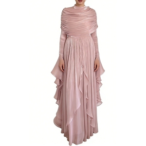 เดรสยาวทรงดินสอผ้าทอธรรมชาติสีพื้นสำหรับผู้หญิง คอแบบผูก สายเดี่ยว แต่งระบายแขนสไตล์วินเทจ และกระโปรงทรงระบายเป็นชั้นๆ - Product Image 1