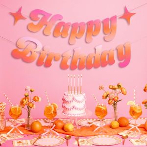 Feliz Cumpleaños Pancarta Rosa Naranja |   Decoraciones para Fiestas de Cumpleaños, Fiesta Infantil, Fondo, Letrero, Guirnalda, Verano, <span class=keywords><strong>Piscina</strong></span>, Ambiente Tropical - Product Image 1