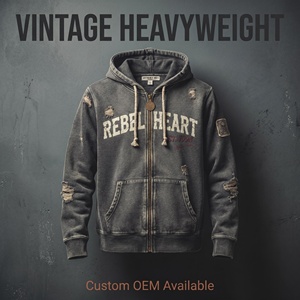 Sweat à capuche zippé personnalisé pour homme, délavé à l'acide, effet usé et déchiré, en coton épais, avec motif Rebel Heart, logo personnalisé, OEM - Product Image 1