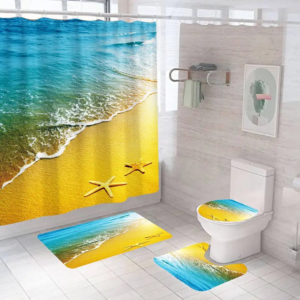 Sea Scenery And Shark Printed 3d Shower Curtain Mat Bathroom Sets With Sizes Customized Wholesale Shower Curtains