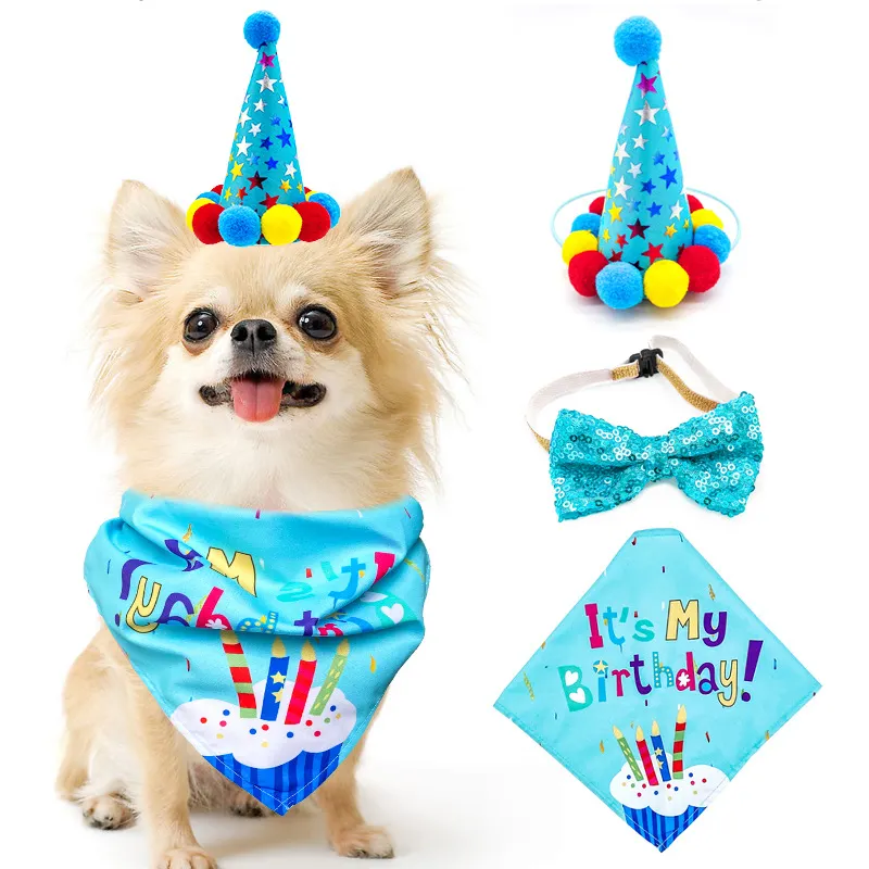 Pet dog hat with bowknot cat and dog birthday costume sequin design headgear hat saliva towel Christmas party pet accessories