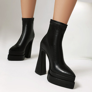 2026New Stylish Women Shoes Black Wrinkle pu Ankle Boots With Double Platform <b>Block</b> High Heel waterproof fashion women shoes - Product Image 2